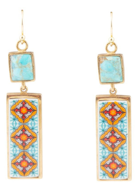 Talavera Tile and Blue Turquoise Golden Dangle Earrings