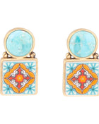 Talavera Tile Blue Turquoise Golden Drop Earrings