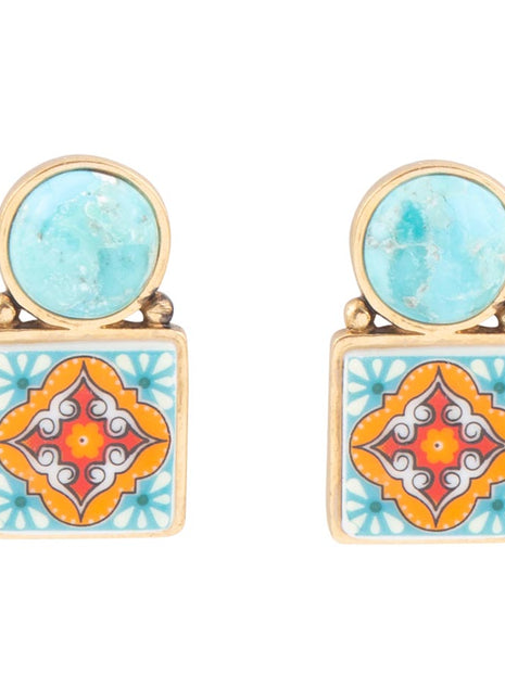 Talavera Tile Blue Turquoise Golden Drop Earrings